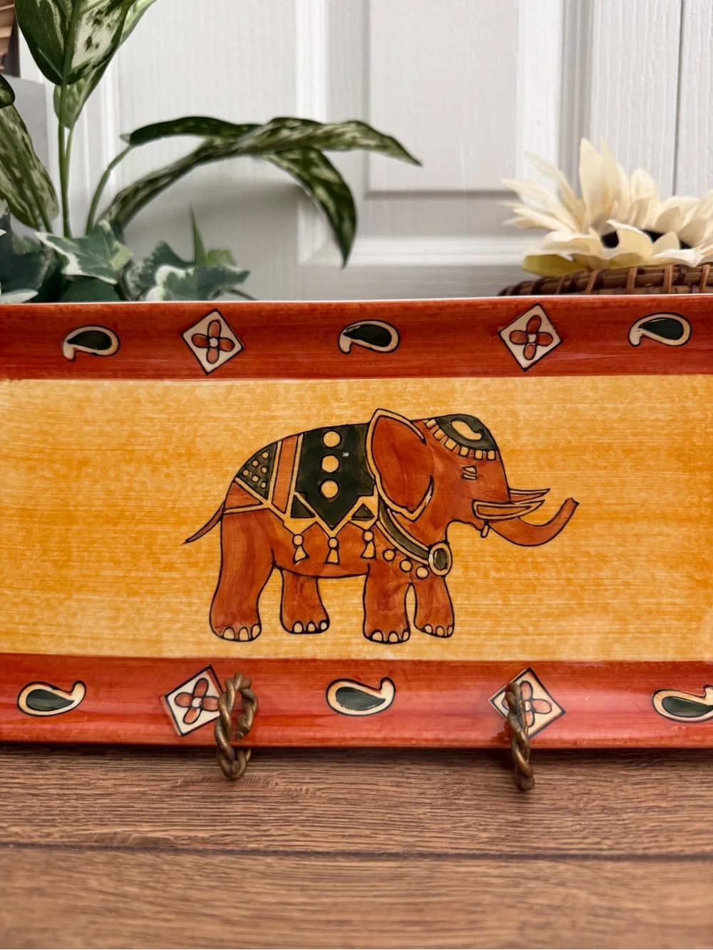 Vintage Pier 1 Imports Ceramic Terracotta Elephant Pattern Serving Platter